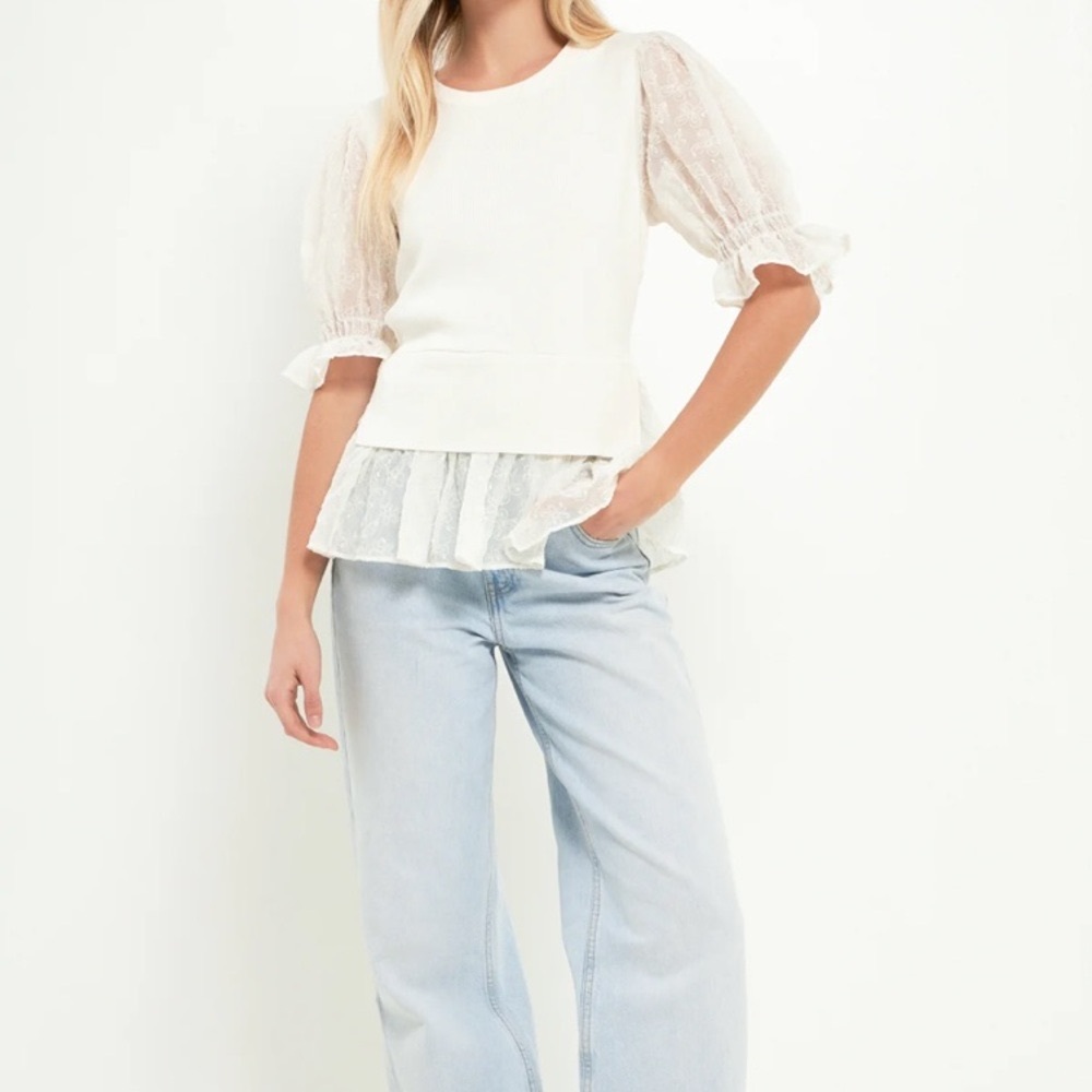 White Lace Puff Sleeve Top